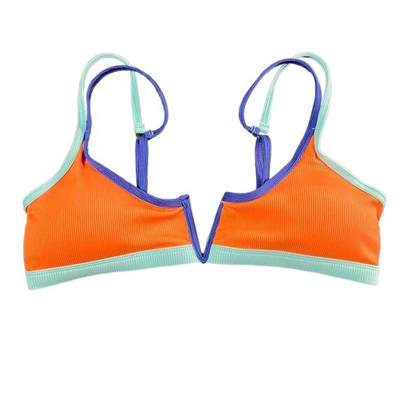 Color Block Bikini Top Orange Blue Retro V-Cut Athletic Swim Medium Ribbed - Picture 8 of 16